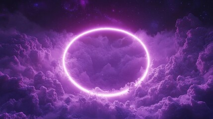 Neon circle through purple clouds, starry night sky