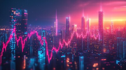 Fototapeta premium Neon city skyline with financial chart overlay