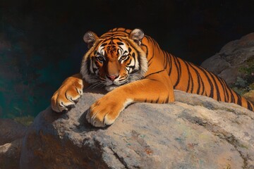 Majestic tiger resting on a rocky surface in a lush jungle environment during the day