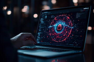 Cyber Security: Protecting Digital Assets in the Modern World.  A captivating image depicting a laptop screen displaying a digital security system interface.