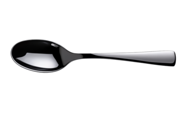 A sleek black spoon rests on a stark white surface