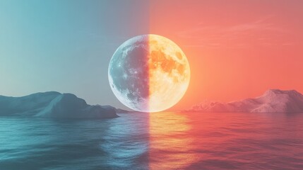 Half-moon over surreal seascape, split color palette.
