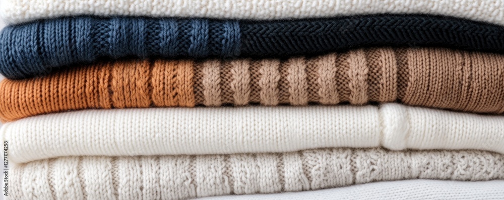 Poster a collection of knitted sweaters is arranged neatly each in a different light shade. the intricate c