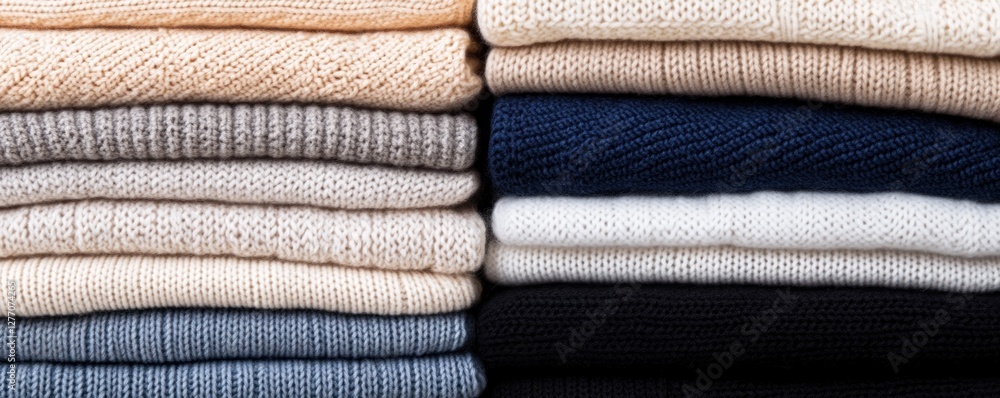 Poster a stack of knitted sweaters is neatly arranged displaying shades of light colors. each sweater featu
