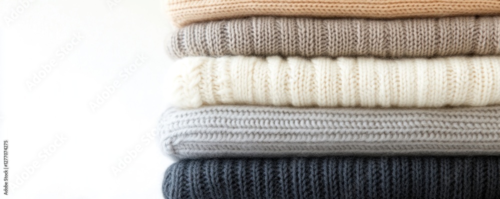 Poster neatly arranged stack of knitted sweaters in soft pastel colors highlights intricate cable patterns 