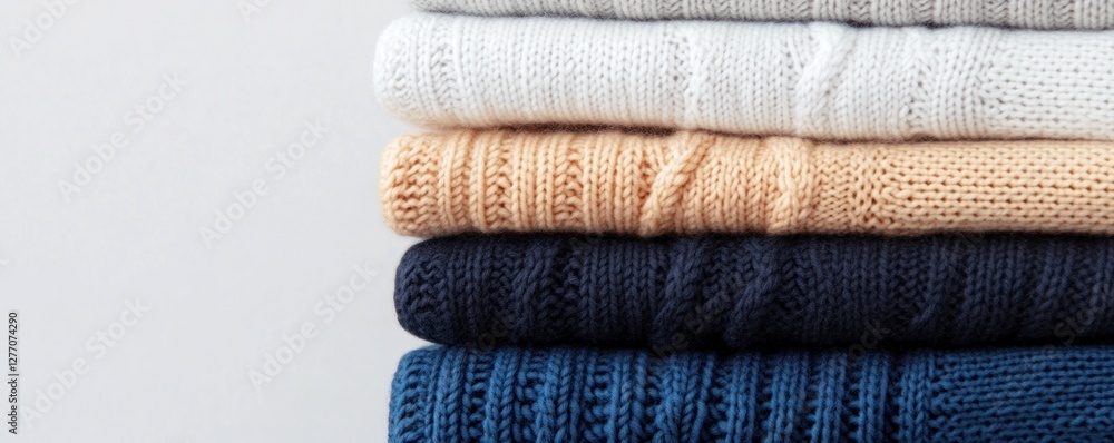 Poster neatly arranged stack features knitted sweaters in shades of light colors. textured patterns like ca
