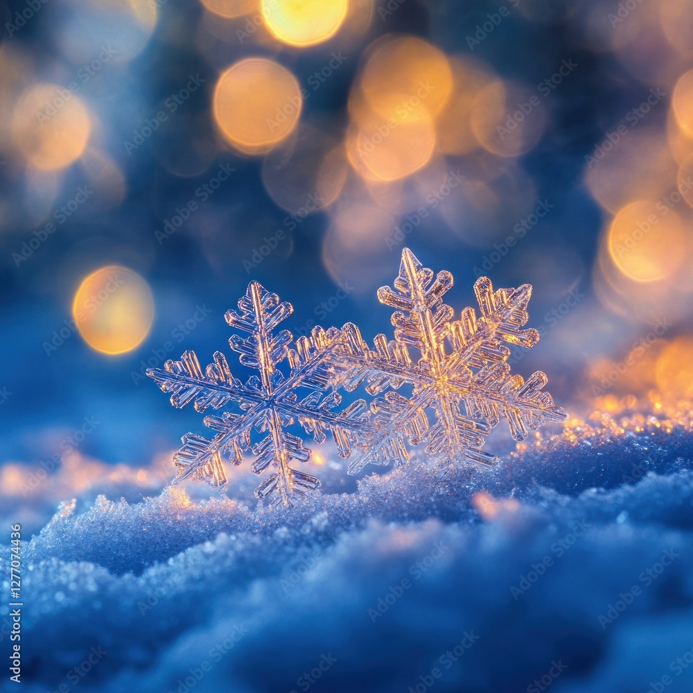 Poster close-up view of two unique glistening snowflakes delicately resting on a soft snow layer. the backg