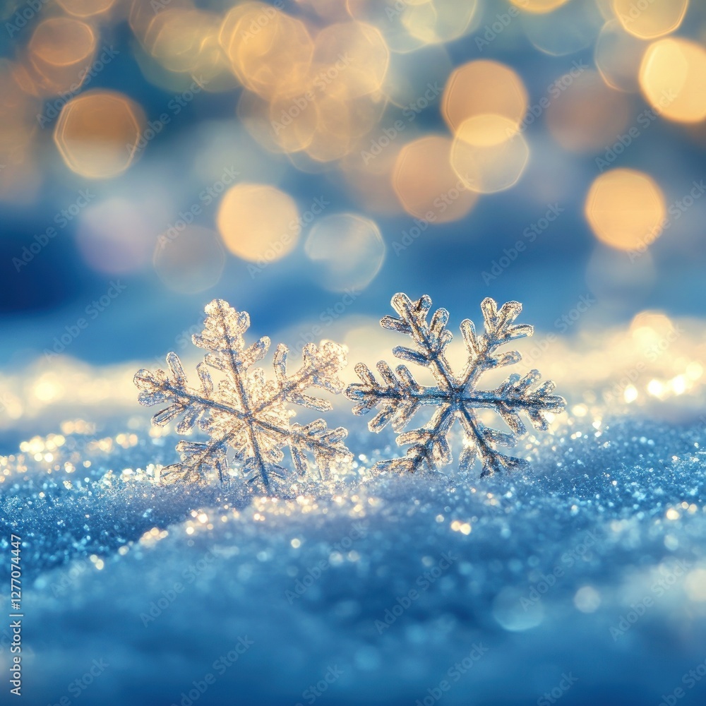 Poster two shimmering snowflakes lie gently on a snowy surface capturing unique details of their intricate 