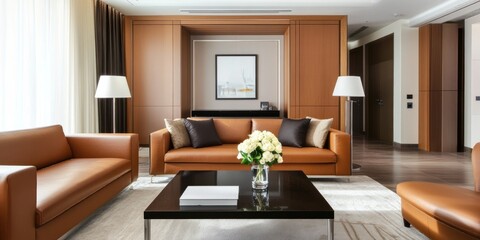 Welcoming living area features brown sofas and a stylish coffee table amidst a contemporary design providing enough room for additional text placement perfect for advertising or branding