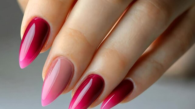 A close-up of perfectly manicured nails featuring a gradient berry pink and red design. The smooth, shiny finish and crisp detailing showcase a beautiful and chic nail art style that exudes elegance a