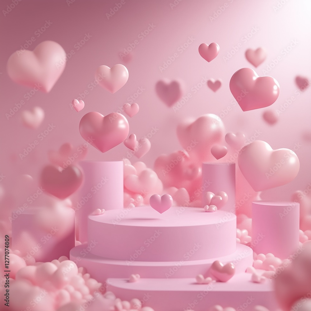 Poster charming 3d rendering featuring a pink backdrop adorned with cute heart-shaped bokeh. includes a pro
