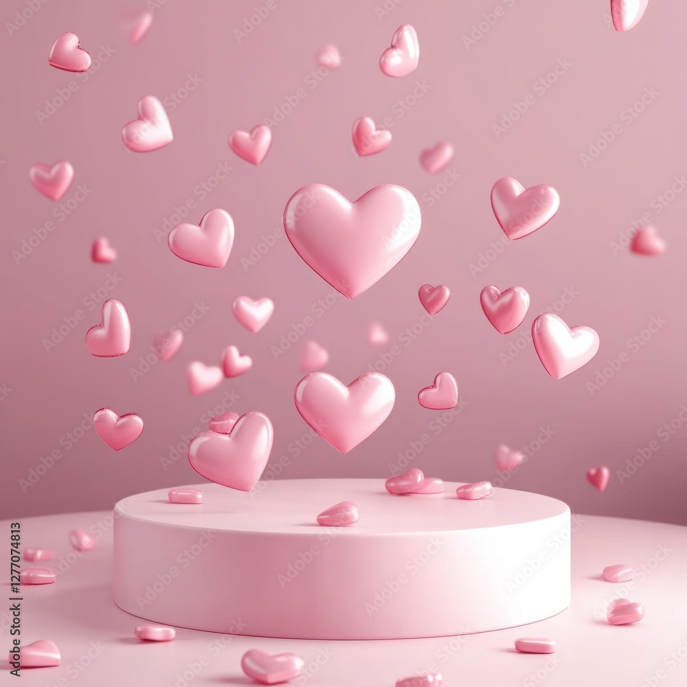 Poster this 3d design has a pink backdrop with floating hearts creating a romantic vibe and an empty podium