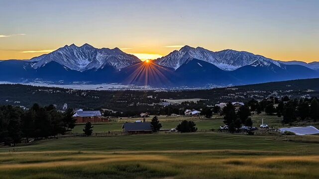 Sunset over mountains with fields and small buildings in a tranquil landscape