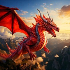 The dragon should have scales in shades of fiery red and orange, with a long, flowing tail and sharp, glowing eyes. Its wings should be massive, with intricate details like veins and membrane, catchin