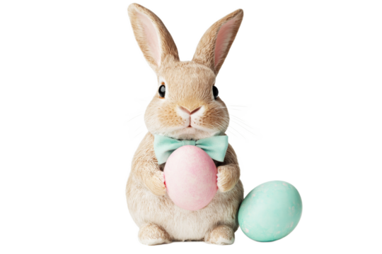 Cute rabbit holds pastel eggs in festive setting