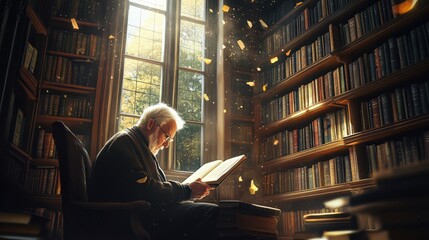 A wise man studies in a cozy library filled with books and sunlight, surrounded by peace and inspiration.