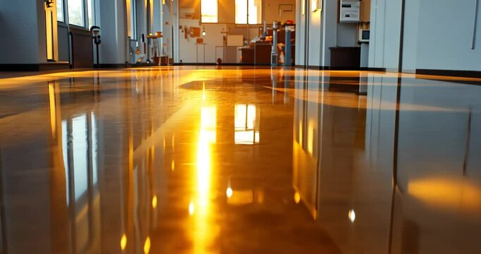 A low-angle static shot of a shiny floor reflecting the warm sunset light in an empty hallway.