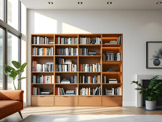Bookcase with books in a modern house.
