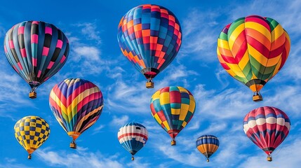Fototapeta premium Colorful hot air balloons float against a vibrant blue sky filled with fluffy white clouds.