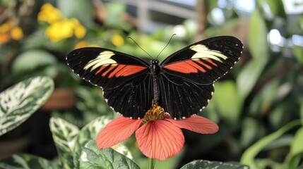 Red and black butterfly on orange flower.