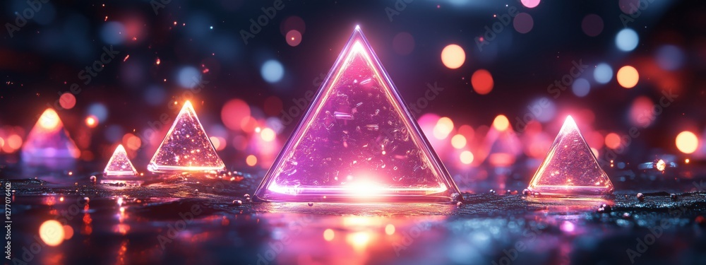 Poster glowing geometric pyramids with colorful bokeh background