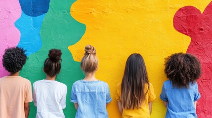 Diverse group of children facing colorful wall art