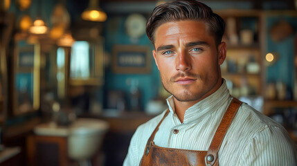 Obraz premium A barber in an apron and shirt waits for a client for a haircut in front of a chair and tools