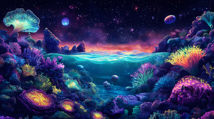 Bioluminescent alien reef glowing in vibrant colors under a surreal ocean sky magical 3d underwater scene with intricate marine textures. Surreal Holographic Ocean. Illustration
