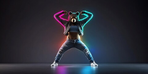 funky pop art bear crop top ripped jeans dancing neon glow