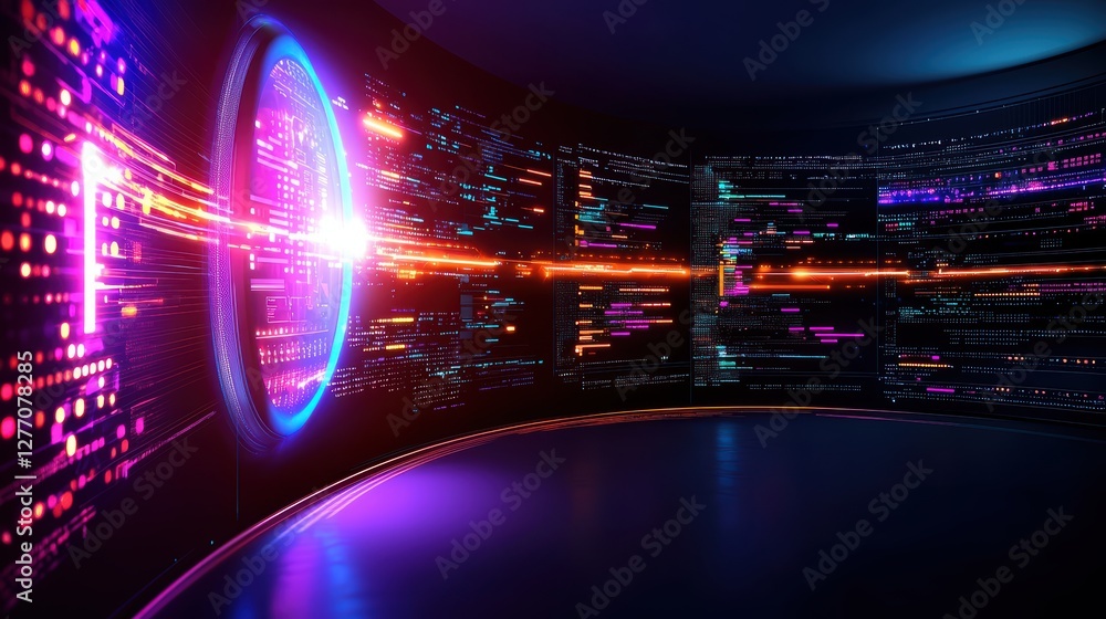Poster futuristic digital interface with vibrant neon lights and data streams