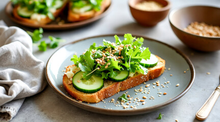 open-faced cucumber and green salad sandwich on toasted bread