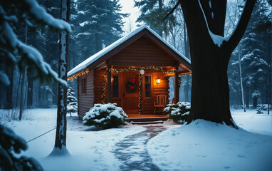 Wooden cabin in snowy forest with Christmas decor