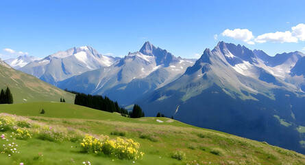 Idyllic mountain landscape in the Alps with blooming meadows in springtime