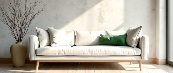 minimalist sofa with green accent pillows in a sunlit living room