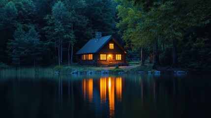 Cozy cabin by the serene lake, illuminated softly at night. Nature surrounds, reflecting warm lights on calm water.