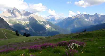 Naklejka premium Idyllic mountain landscape in the Alps with blooming meadows in springtime