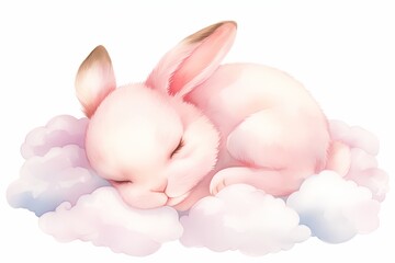 Light Pink rabbit bunny Sleeping in cloud watercolor cartoon illustration isolated on white background