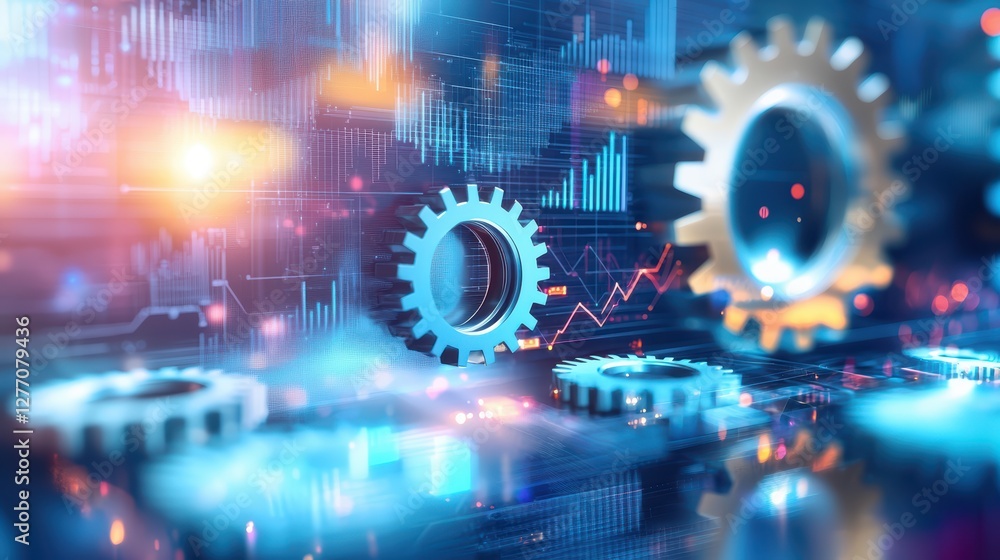 Poster futuristic gears and digital data visualization with glowing technology concept