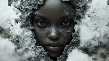 A woman wearing a hood, her head covered in snow, stands against a winter backdrop, embodying the essence of cold weather beauty and resilience.