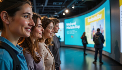 People observing an exhibition in a museum.