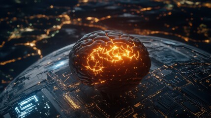 A luminous brain rests on a circuit board, illuminating the darkness with its vibrant glow, symbolizing the fusion of intelligence and technology.