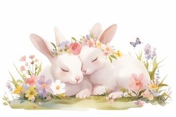 Obraz premium Watercolor Happy Easter baby bunnies design with spring blossom flower. Rabbit bunny kids illustration isolated. cartoon forest hare animal bunny holiday funny decoration. Nursery poster design