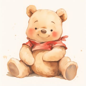 Fototapeta Watercolor winnie the pooh, baby bear, birthday party, nursery wall art, room decor, baby shower, white background, cute teddy bear