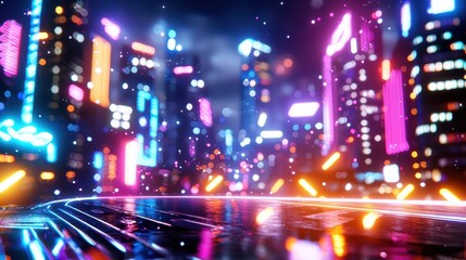 Fototapeta premium Futuristic neon cityscape at night with vibrant lights and urban atmosphere