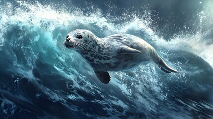 Fototapeta premium A playful seal diving in the waves of the sea