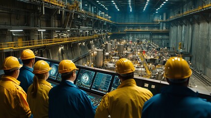 Industrial engineers monitoring a large factory floor from a control room.