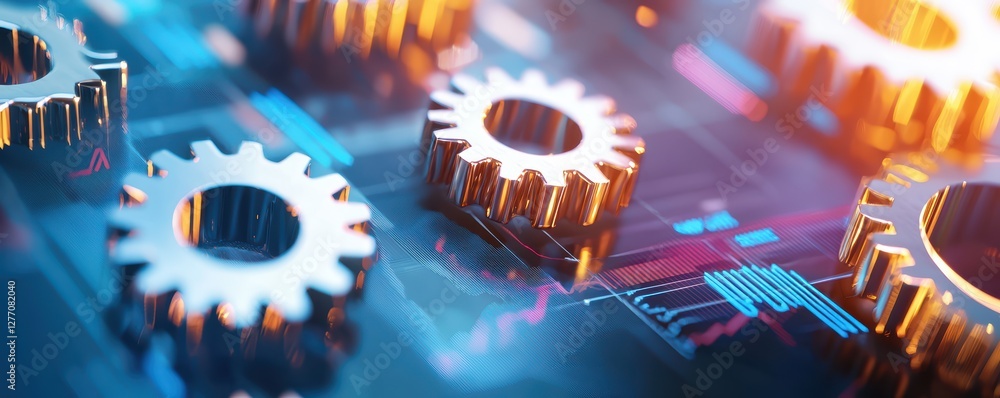 Poster metallic gears on digital interface with graphs and glowing highlights