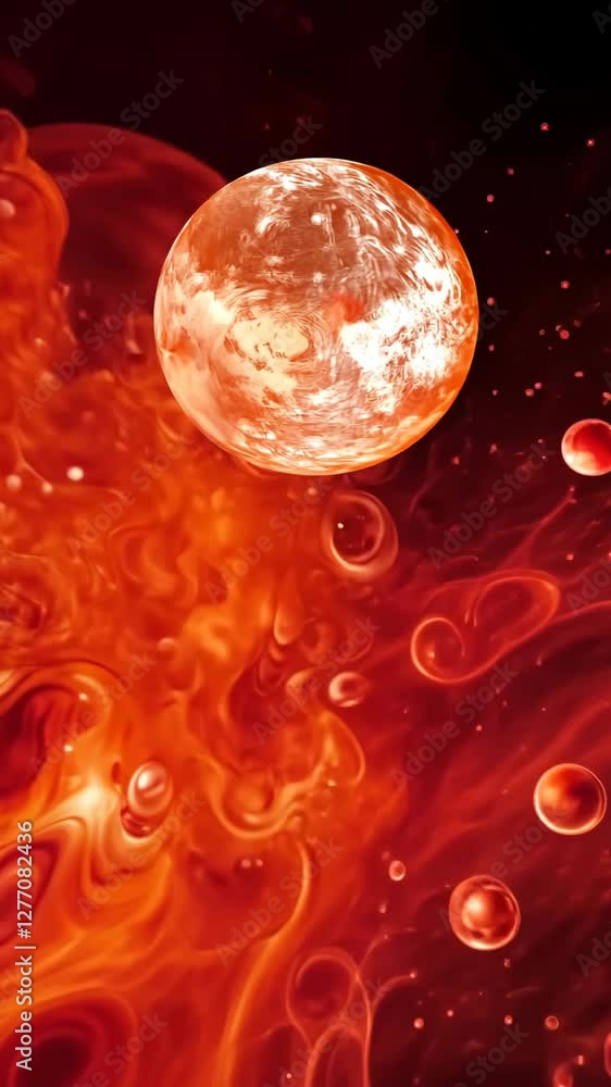 Wall mural abstract depiction of a red-orange cosmic landscape with a glowing planet and fluid formations