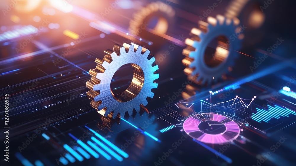 Poster innovative gear mechanisms and digital data graphs in futuristic technology visualization