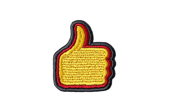 Yellow thumbs up embroidered patch on black background